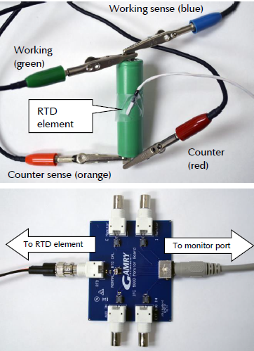 The electrolytic cell cable is connected to the battery (above) and the monitoring substrate (below)